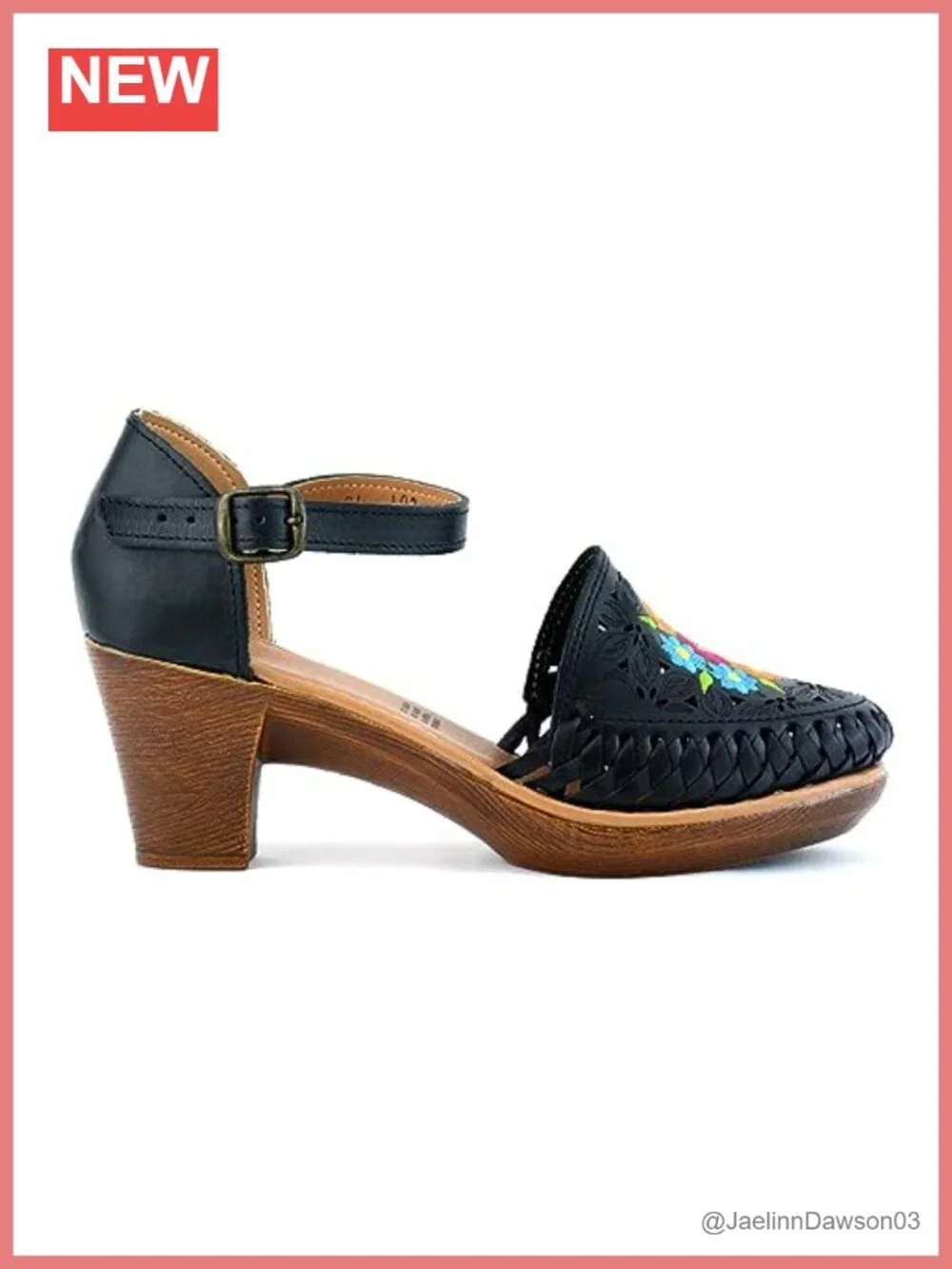 Handmade Genuine Leather Embroidered Block Heel Sandals with Ankle Strap